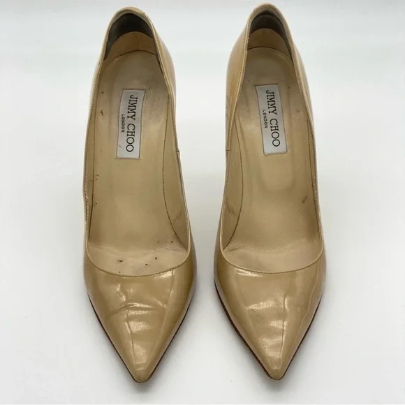Jimmy Choo Nude Patent Leather Designer Pointed Toe Classic High Heels Size 40 - Picture 4 of 9
